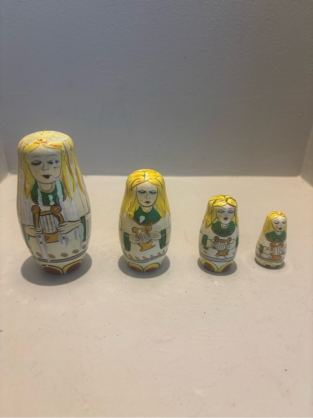 Hand-Painted Yellow/Green Nesting Dolls - Harp music Irish Russian Home Accents